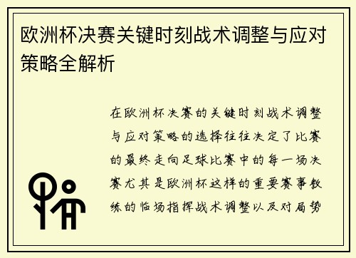 欧洲杯决赛关键时刻战术调整与应对策略全解析
